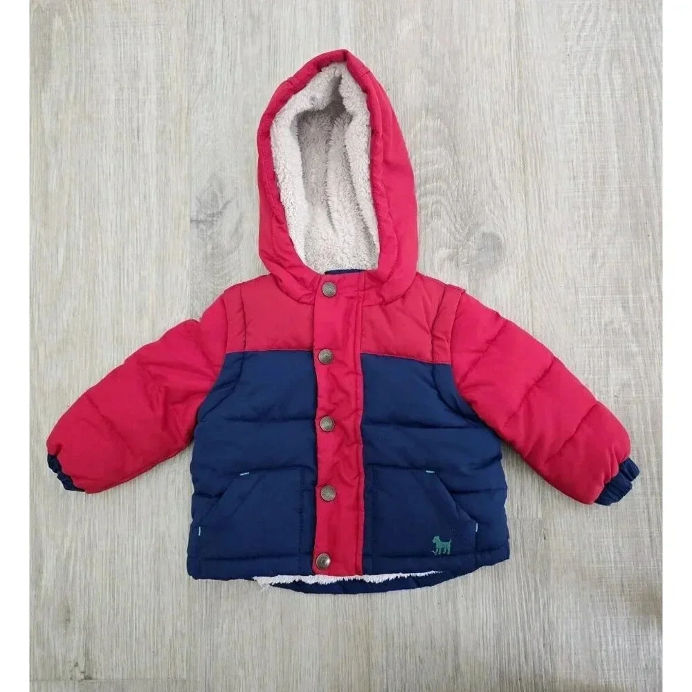 Baby Mini Boden Hooded Navy Red Convertible Coat Jacket Vest Sherpa 3-6 Months